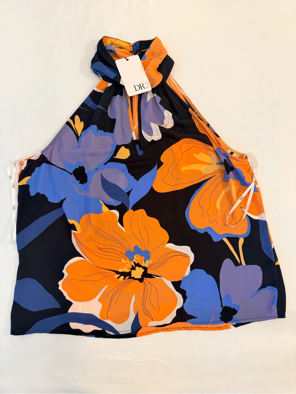 DR2 Bold Floral Halter Top — Orange, Blue & Black